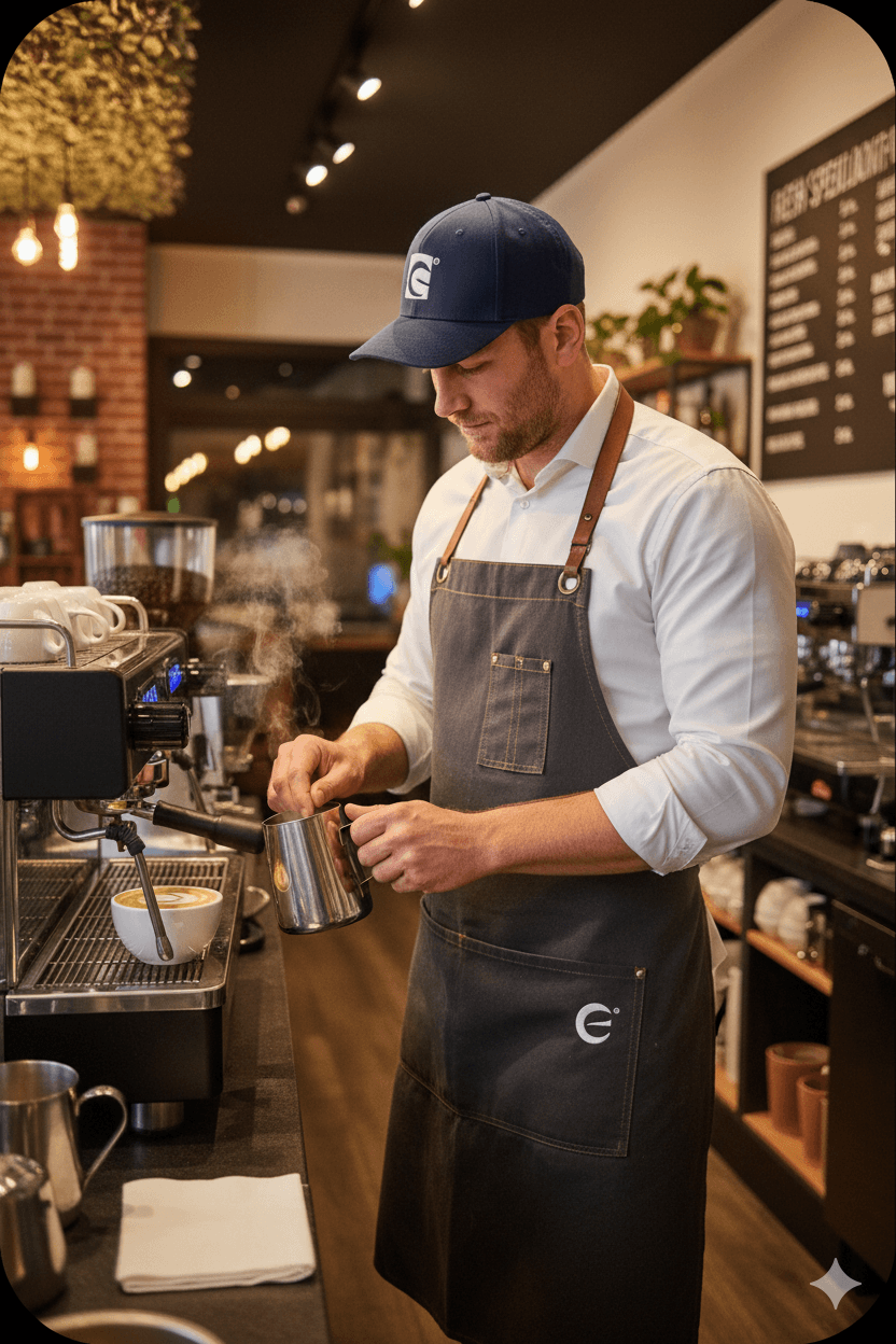 Barista mit Maske bereitet Kaffee mit Moka-Kanne zu